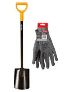 FISKARS Szpadel prosty Solid + Rękawice męskie, rozmiar 10